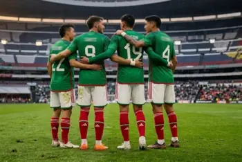 Fotografía realista de varios jugadores de la selección mexicana jóvenes celebrando sobre una cancha de entrenamiento, con el logotipo del Mundial 2026 de fondo, luciendo la playera tricolor y mostrando expresión de orgullo y garra.