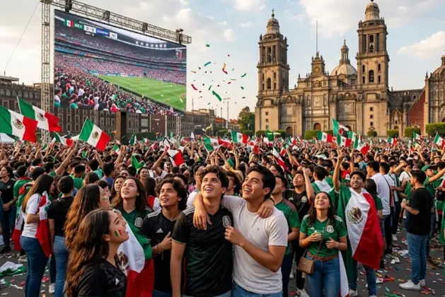 Multitud juvenil reunida frente a una pantalla gigante en el Zócalo de la CDMX durante la transmisión del partido inaugural del Mundial 2026, con la Catedral Metropolitana de fondo.