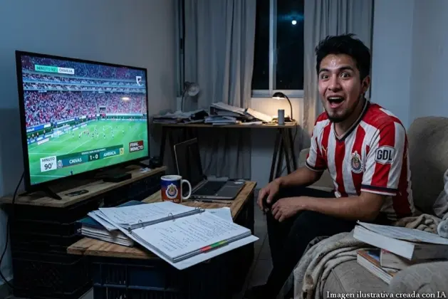 Joven universitario con camiseta de su equipo favorito mirando un partido de futbol en una pantalla grande, con expresión de alegría y tensión mezcladas.