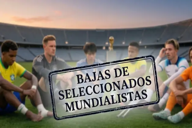 Colage de varios futbolistas estrella con uniformes de Brasil, Alemania, Argentina, Inglaterra y Japón, sentados en el césped de un estadio con vendajes en rodillas y piernas, expresiones de tristeza y frustración