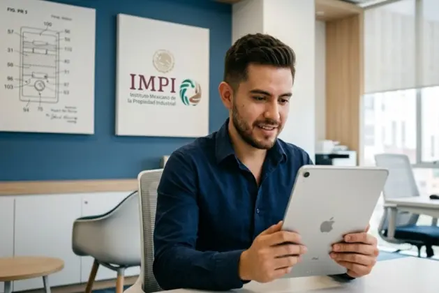 Joven profesionista revisando documentos frente a una computadora con la pantalla mostrando el portal de ingreso.impi.gob.mx, representando la búsqueda de vacantes IMPI 2026 en propiedad industrial.