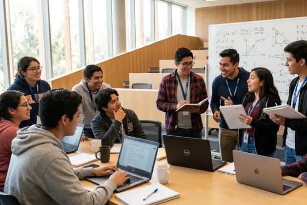 Estudiantes universitarios reunidos en el auditorio del Instituto de Matemáticas de la UNAM en Cuernavaca, participando en la Escuela de Invierno en Matemáticas, con pizarras llenas de ecuaciones y modelos matemáticos.