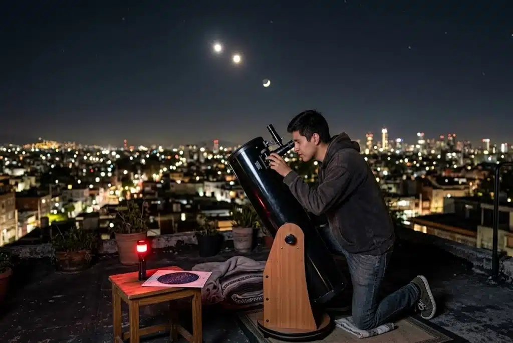 Joven mirando por telescopio el cielo estrellado durante los eventos astronómicos del mes, sobre una azotea en México.