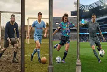 Evolución de las camisetas de fútbol mostrando una línea de tiempo visual con modelos desde la lana del siglo XIX hasta la tecnología moderna