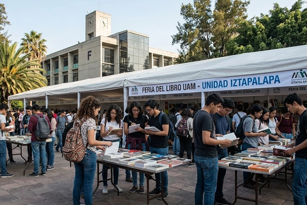 Estudiantes y jóvenes reunidos en los stands exteriores de la Feria del Libro UAM Iztapalapa, con libros apilados y el edificio F de fondo bajo el sol de junio.