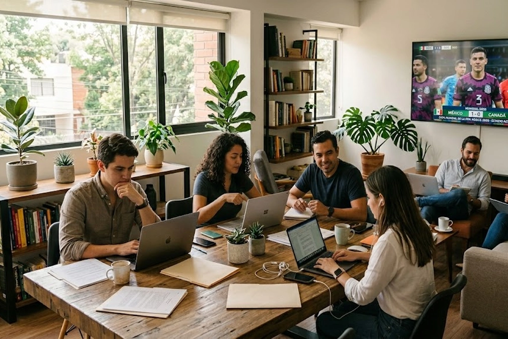 Trabajadores jóvenes realizando home office por el Mundial 2026 en México, con una laptop y una taza de café, mientras ven un partido de fútbol en la televisión de fondo.