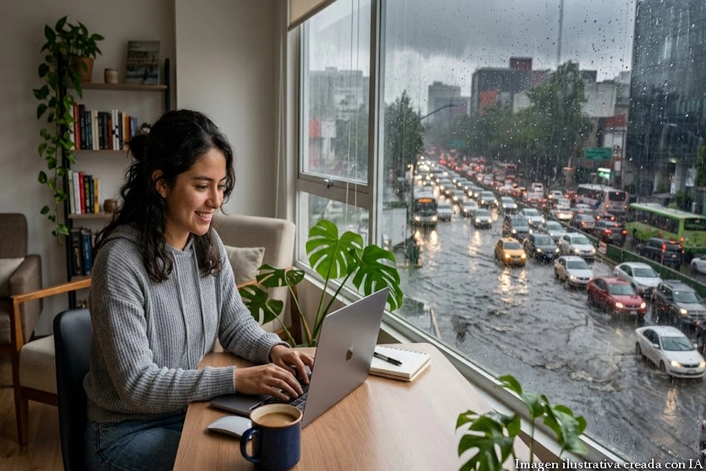 Joven profesional trabajando desde su sala con laptop y taza de café, mientras tras la ventana se ve una calle inundada por lluvia intensa. Concepto de home office por lluvias