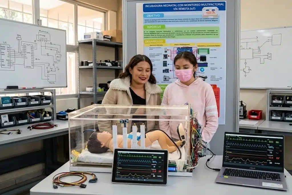 Prototipo de incubadora neonatal con monitoreo remoto desarrollado por alumnas del CCH Naucalpan, mostrando sensores y pantalla de control, ejemplo de innovación estudiantil incubadora en acción.