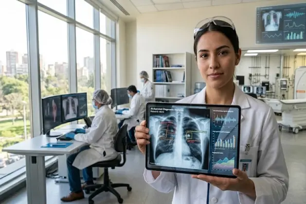 Médico joven usando tableta con inteligencia artificial en las ciencias de la salud, superposición de gráficos médicos y datos en un entorno hospitalario moderno y realista.