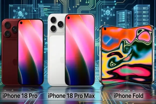 iPhone 18 Pro Max render realista visto de frente y ligeramente inclinado mostrando pantalla sin bordes, triple cámara trasera con lentes prominentes, cuerpo en titanio color gris espacial, fondo difuminado de estudio con luces tenues.