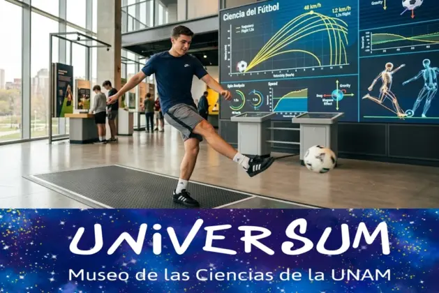 Persona joven pateando un balón de fútbol dentro de una sala de museo, con pantallas táctiles que muestran trayectorias y datos físicos al fondo.
