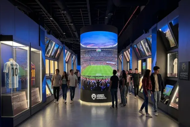 Imagen de la experiencia inmersiva de futbol Legends en CDMX con una sala envolvente de 360 grados que proyecta estadios icónicos y vitrinas con camisetas históricas.