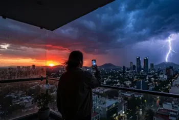 Vista panorámica realista de una tormenta eléctrica con un rayo impactando sobre una montaña, mientras una persona observa desde la seguridad de un balcón en la ciudad