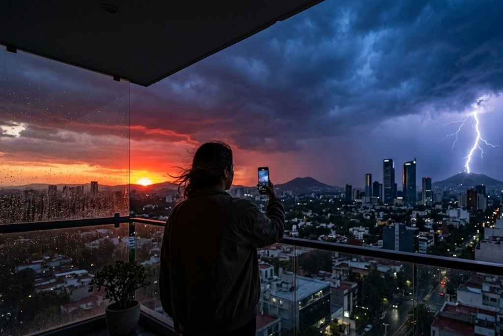 Vista panorámica realista de una tormenta eléctrica con un rayo impactando sobre una montaña, mientras una persona observa desde la seguridad de un balcón en la ciudad