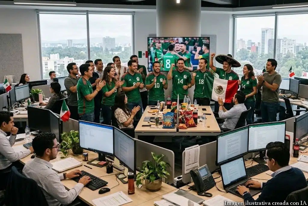 Aficionados mexicanos en el trabajo celebrando un gol del Mundial en una oficina moderna, con pantallas mostrando el partido y algunos compañeros revisando documentos laborales