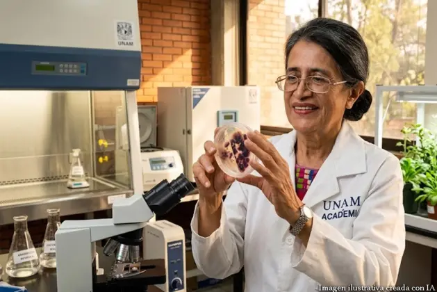 Retrato realista de la científica Esperanza Martínez Romero en un laboratorio de la UNAM, sosteniendo una placa de Petri con colonias del nuevo género bacteriano Martinezella.