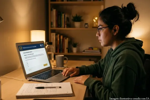Estudiante joven concentrado frente a una laptop, con la pantalla mostrando el entorno del examen en línea UNAM, luces tenues y un ambiente de estudio ordenado.