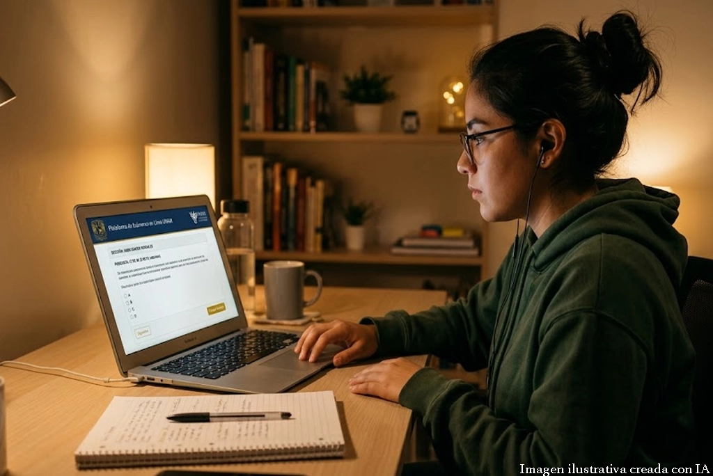 Estudiante joven concentrado frente a una laptop, con la pantalla mostrando el entorno del examen en línea UNAM, luces tenues y un ambiente de estudio ordenado.