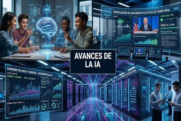 Imagen que muestra los principales avances IA de 2026, incluyendo centros de datos tecnológicos, estudiantes aprendiendo inteligencia artificial y herramientas de verificación política en tiempo real