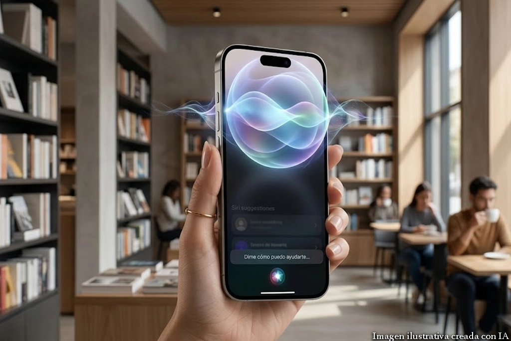Joven sostiene un iPhone mostrando en pantalla la nueva Siri de Apple con una interfaz de ondas desde la Dynamic Island, fondo de cafetería moderna.