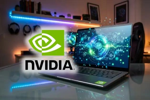 Primer plano de una nueva laptop NVIDIA con pantalla encendida mostrando un asistente de IA generando gráficos en tiempo real, sobre un escritorio moderno con luces tenues
