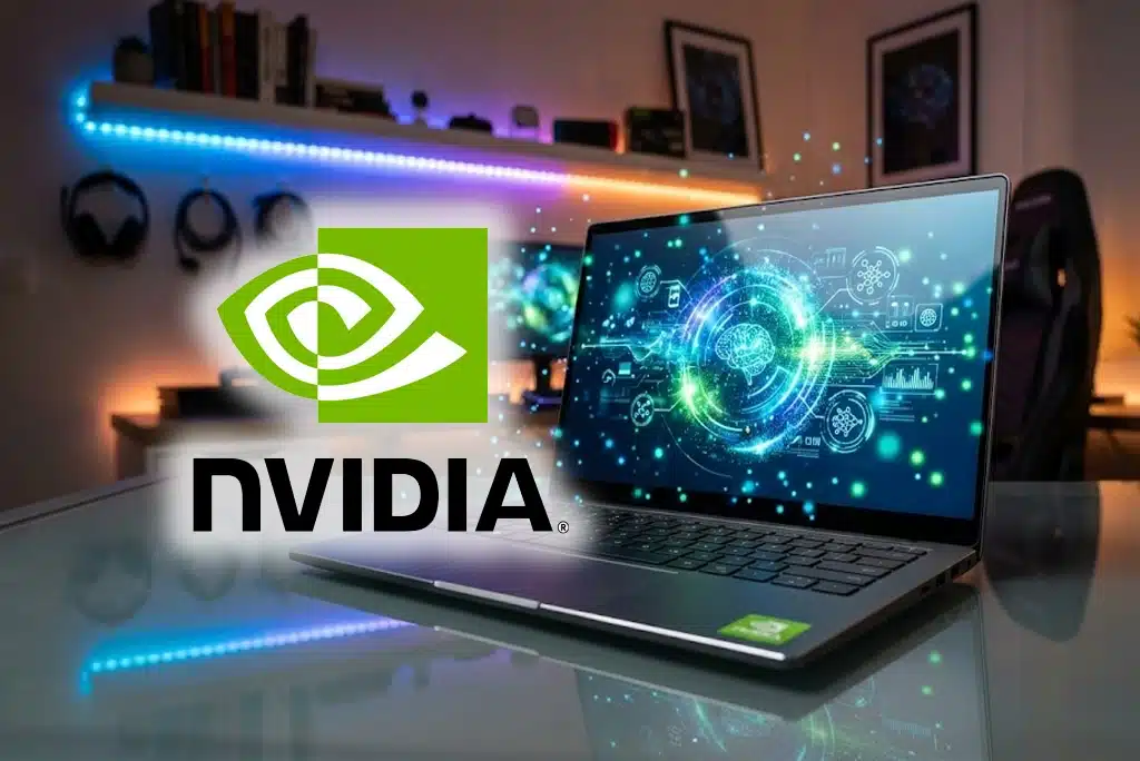Primer plano de una nueva laptop NVIDIA con pantalla encendida mostrando un asistente de IA generando gráficos en tiempo real, sobre un escritorio moderno con luces tenues