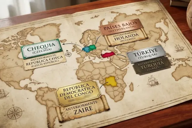 Mapa mundial con los países que cambiaron de nombre resaltados en colores: Chequia, Países Bajos, Türkiye y República Democrática del Congo, junto a sus nombres anteriores y el año del cambio.