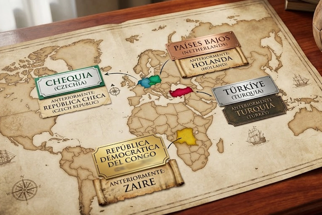 Mapa mundial con los países que cambiaron de nombre resaltados en colores: Chequia, Países Bajos, Türkiye y República Democrática del Congo, junto a sus nombres anteriores y el año del cambio.