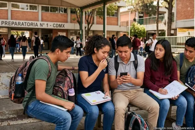 Grupo de estudiantes de preparatoria sentados en una biblioteca, algunos con expresiones de estrés y otros repasando apuntes, ambiente natural y realista.
