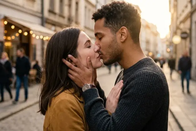 Imagen realista de una pareja besándose con los ojos cerrados, representando la ciencia de los besos y cómo el cerebro prioriza el tacto sobre la vista