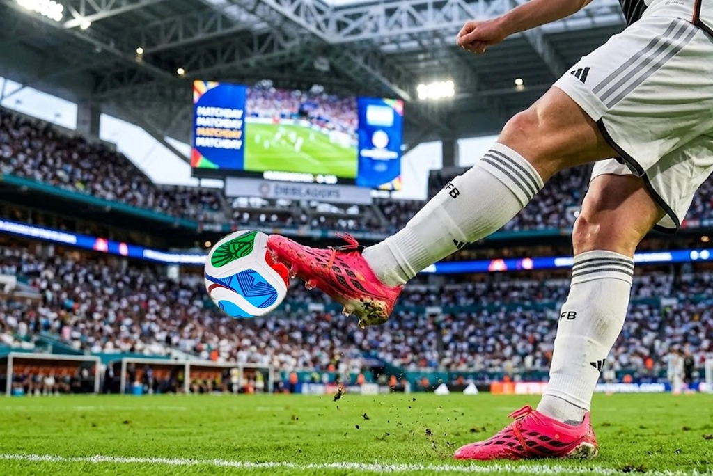 Jugador de fútbol profesional con botines rosas mundial 2026 durante un partido, destacando el vibrante color sobre el césped verde