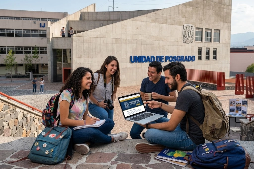 Estudiantes jóvenes revisando la convocatoria posgrados UNAM en una laptop frente a la Torre de Rectoría de la UNAM en un día soleado.