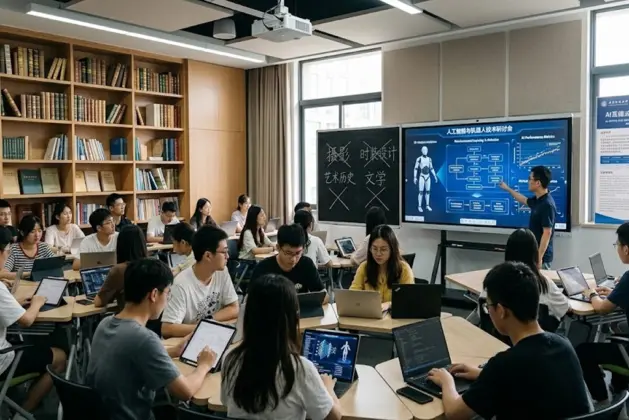 Estudiantes en un aula china moderna analizando el futuro laboral mientras se señalan carreras obsoletas en la pizarra
