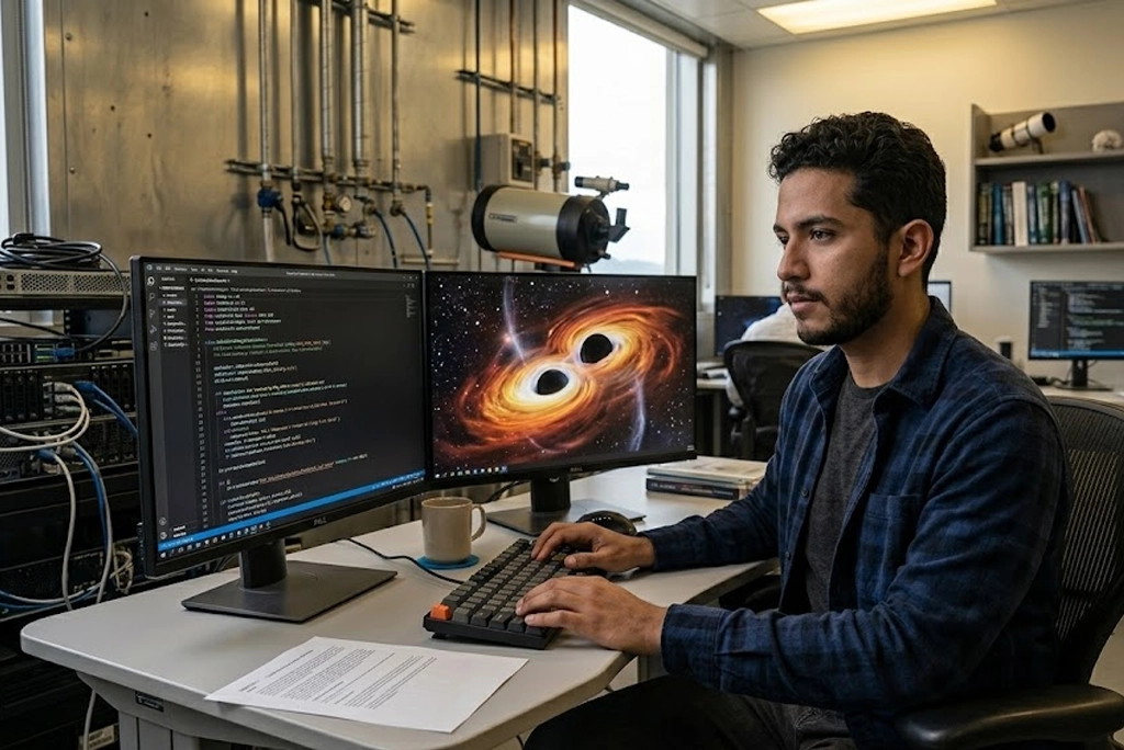 Astrofísico joven utilizando computadora portátil con ventanas de código de programación generado por inteligencia artificial en la ciencia, mostrando visualización 3D de simulación de agujeros negros fusionándose en fondo azul oscuro con estrellas