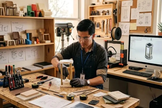 Estudiante de la carrera de Diseño Industrial trabajando en un prototipo de producto con herramientas y una computadora con software CAD en un taller de diseño.