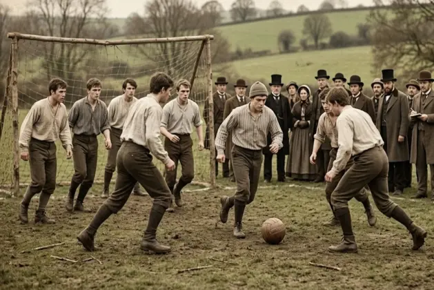 Jugadores de 1863 con balón de cuero en campo inglés, escena histórica que responde qué país inventó el futbol moderno.
