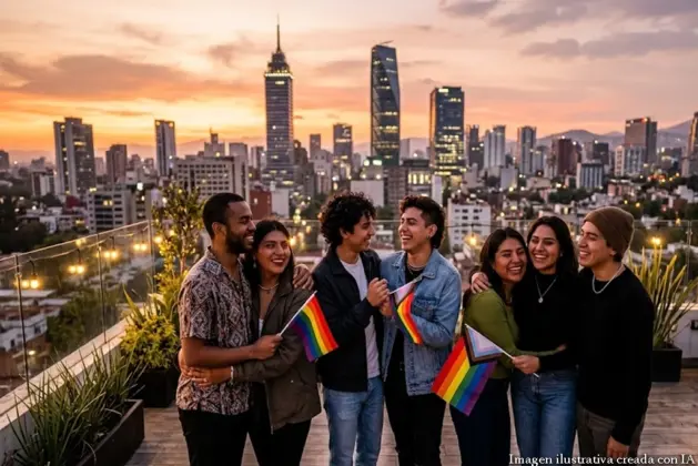 Retrato realista de un grupo diverso de jóvenes de la comunidad LGBTIQ+ México, celebrando la diversidad en un espacio urbano, con banderas y sonrisas