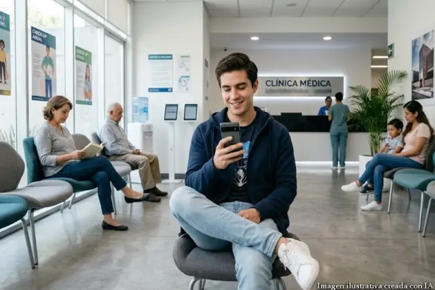 Joven adulto en una consulta médica, sonriendo mientras habla con un doctor, mostrando proactividad en el cuidado de su salud masculina.