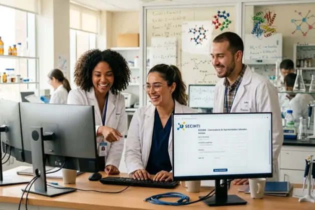 Grupo diverso de jóvenes investigadores revisando una laptop en un laboratorio moderno, con la pantalla mostrando la plataforma Rizoma de Secihti.