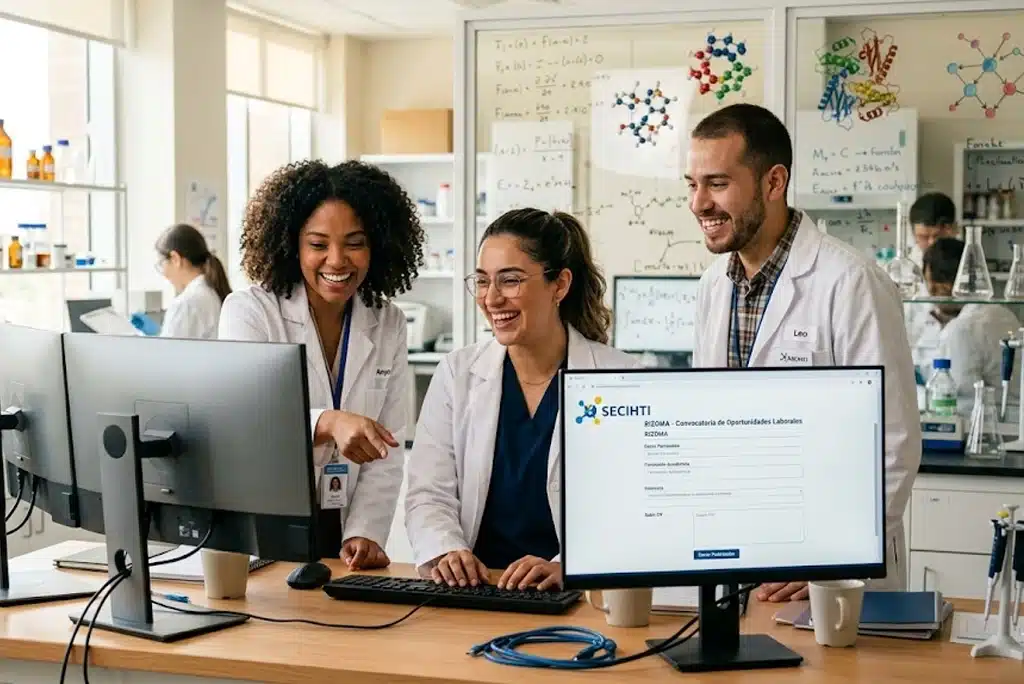 Grupo diverso de jóvenes investigadores revisando una laptop en un laboratorio moderno, con la pantalla mostrando la plataforma Rizoma de Secihti.