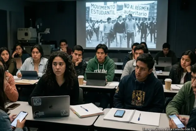 Grupo de estudiantes universitarios viendo la serie de movimientos estudiantiles en una pantalla, con expresiones de interés y reflexión, en un ambiente académico juvenil contemporáneo.