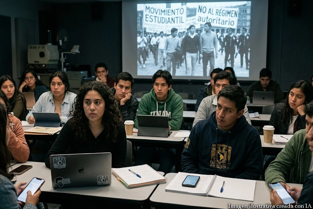 Grupo de estudiantes universitarios viendo la serie de movimientos estudiantiles en una pantalla, con expresiones de interés y reflexión, en un ambiente académico juvenil contemporáneo.