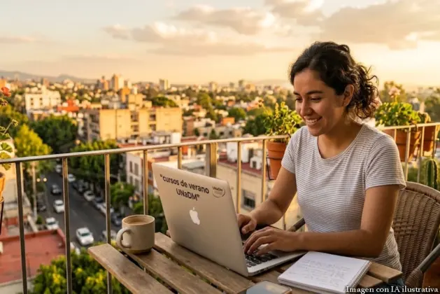 Joven universitario sentado en una terraza soleada con una laptop abierta, viendo la pantalla donde se lee “cursos de verano UNaDM”.
