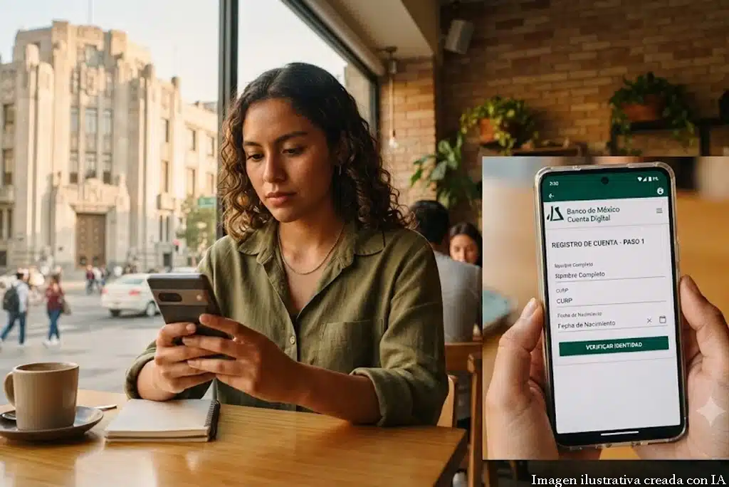 Persona joven usando su teléfono celular para abrir una cuenta sin RFC de Banxico, en una interfaz bancaria digital, con fondo moderno y claro.