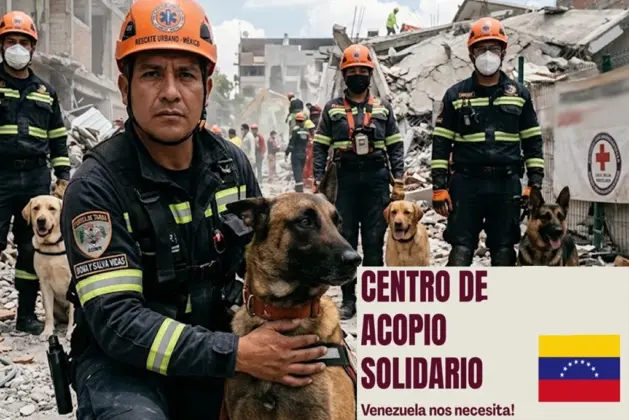 Equipo de rescate mexicano con binomios caninos buscando sobrevivientes entre escombros tras los terremotos en Venezuela, en ambiente de emergencia.