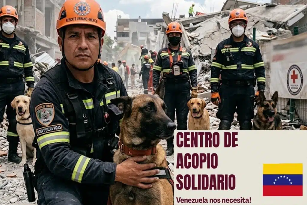 Equipo de rescate mexicano con binomios caninos buscando sobrevivientes entre escombros tras los terremotos en Venezuela, en ambiente de emergencia.