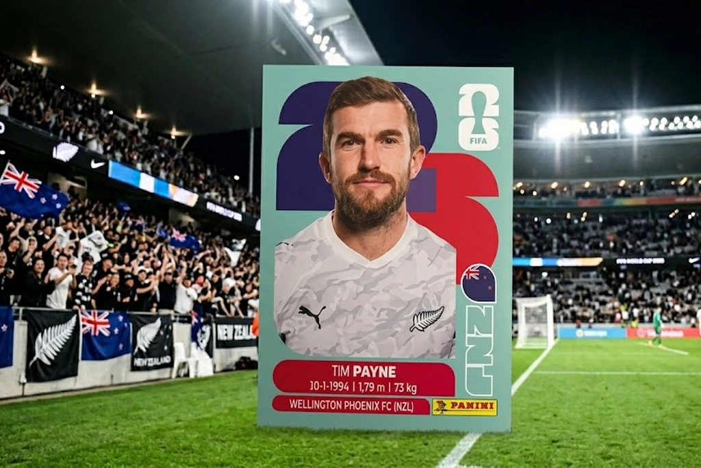 Fotografía realista de Tim Payne, defensa de la selección de Nueva Zelanda, celebrando con el puño en alto mientras lleva la camiseta blanca con el número 4. Al fondo se ve el estadio del Mundial 2026.