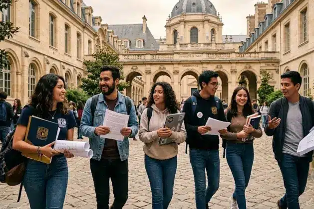 Egresados de la UNAM participando en un programa de titulación en el extranjero UNAM en una universidad europea, trabajando en un proyecto académico.