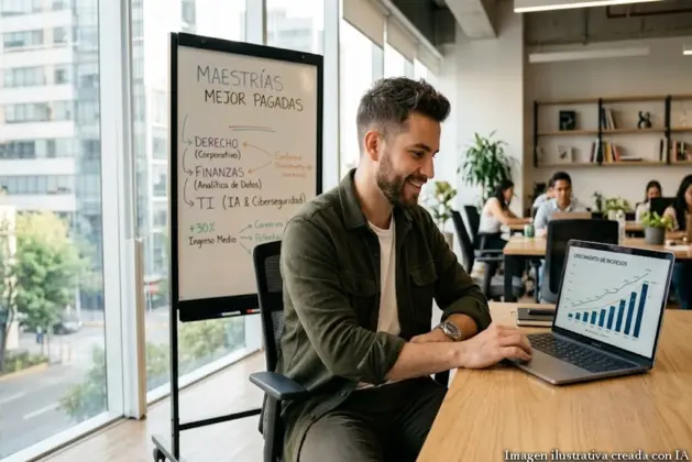Joven profesional revisando su salario en una laptop, con gráficos de crecimiento y una lista de maestrías mejor pagadas en 2026 al fondo. Estilo realista, iluminación natural.