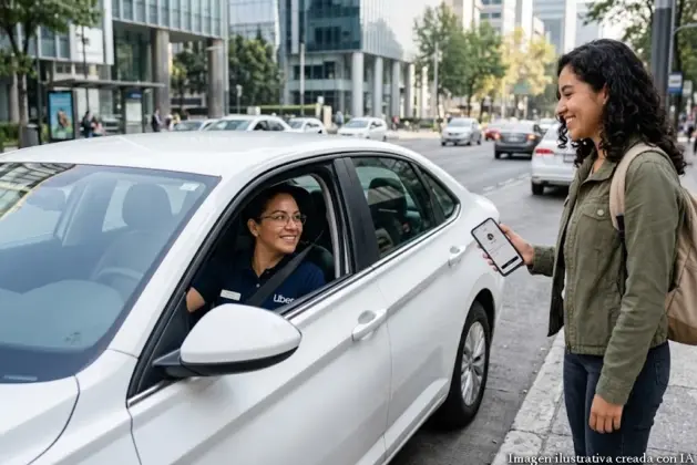 Mujer joven usando su teléfono para solicitar un viaje en la app de Uber Mujeres, con una conductora mujer sonriente al volante del auto, en una calle de la ciudad.